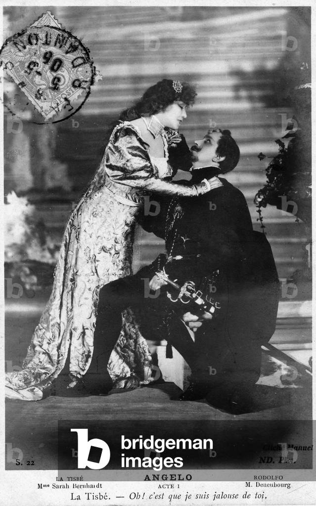 Henriette Rosine Bernard aka Sarah Bernhardt (1844-1923) in the role of Tisbé in Victor Hugo's play “Angelo”, with M. Deneubourg as Rodolfo (b/w photo)