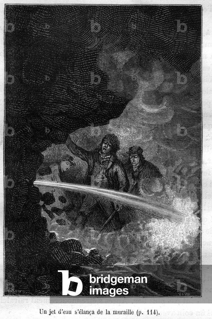 Illustration of Jules Verne's book “” Journey to the Centre of the Earth”” - Hetzel edition/Extraordinary Voyages 1864, vignette de Riou: “” A jet of water sprouted from the wall”””.