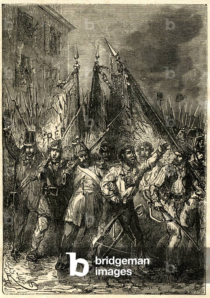 Revolution (Insurrection) of February 1848 in Paris. Engraving by Riou illustrating a “national novel” by Erkmann-Chatrian (Erkmann Chatrian) “Histoire d'un homme du peuple””, edition Hetzel 1873.
