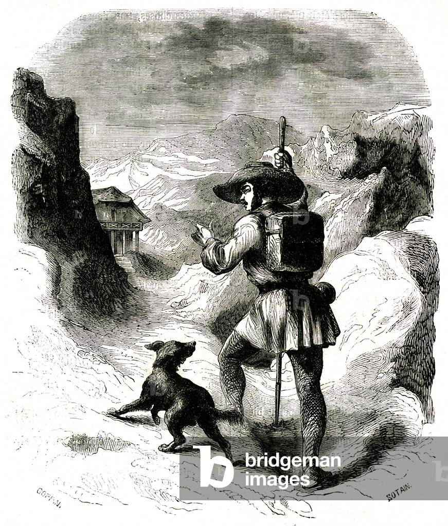 Alexandre Dumas pere (1802 - 1870) on a trip to the Alps. Coppin engraving illustrating the book “Impressions de voyage”” (in Switzerland) 1855.