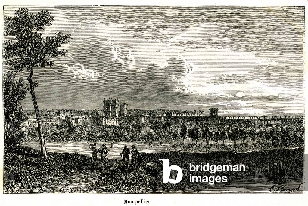 Languedoc: Montpellier in the 19th century. Engraving extracted from “Geographie du département de l'Herault by Alphonse Joanne” edition Hachette 1883. On the right, the arches of the aqueduct bringing water to the Peyrou watercastle.