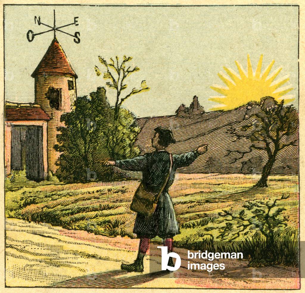 Orientation - cardinal points. On a country road, a boy, looking at a vane perched on a farm tower and rising sun, stretches his arms from east to west. Illustration of a geography book from 1896.