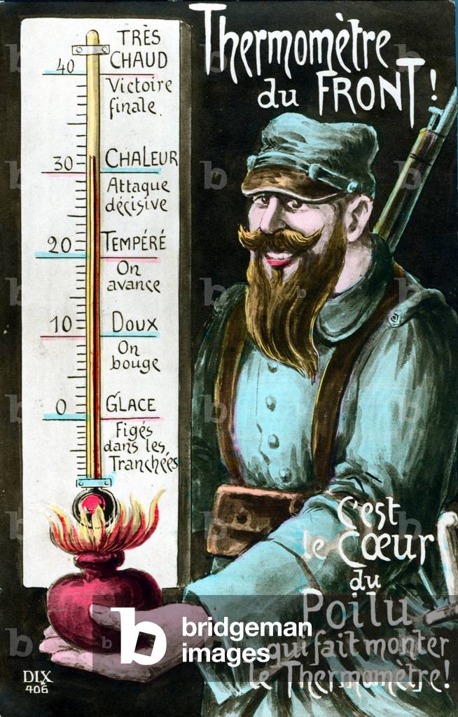 WWI postcard,  Thermometer of poilu and trenches on the forehead.(drawing)