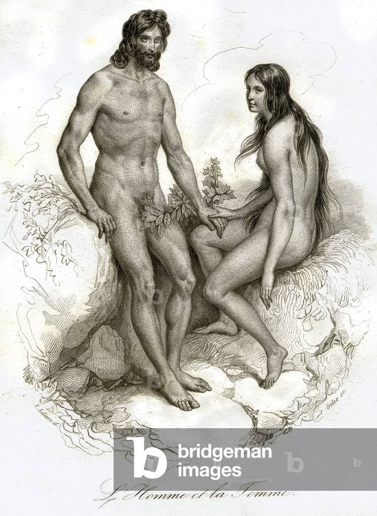 Men and women (cf. Adam and Eve). Engraving by Victor Adam for the Abel Ledoux 1845 edition of the Completes de Buffon. Natural History Of Man.