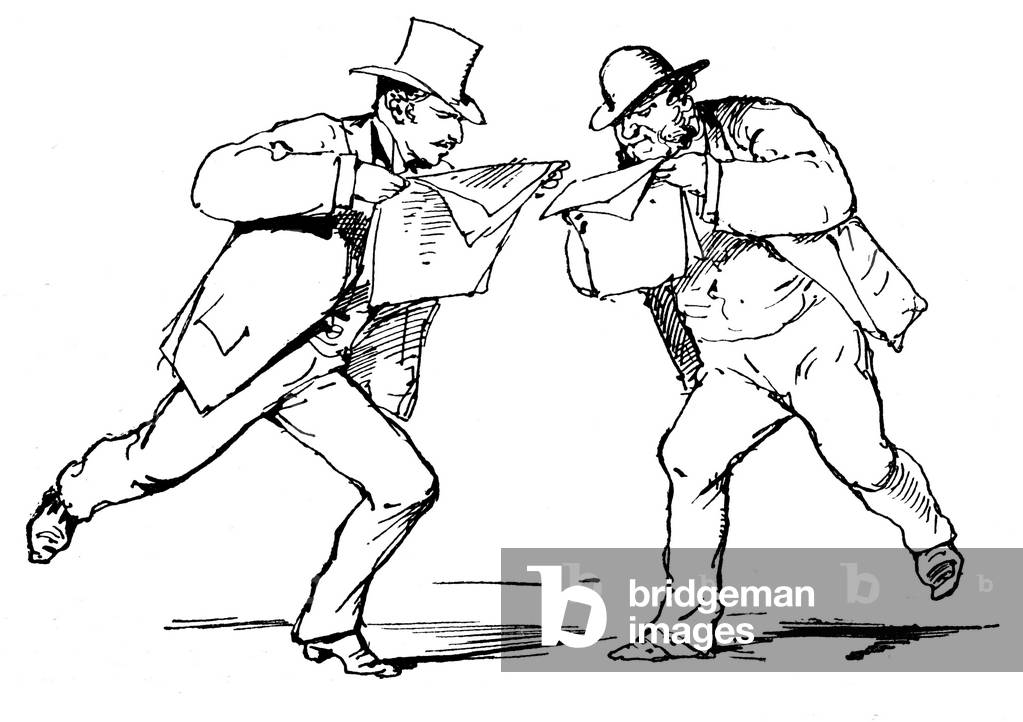 Two men each read a newspaper, 1875 (engraving)