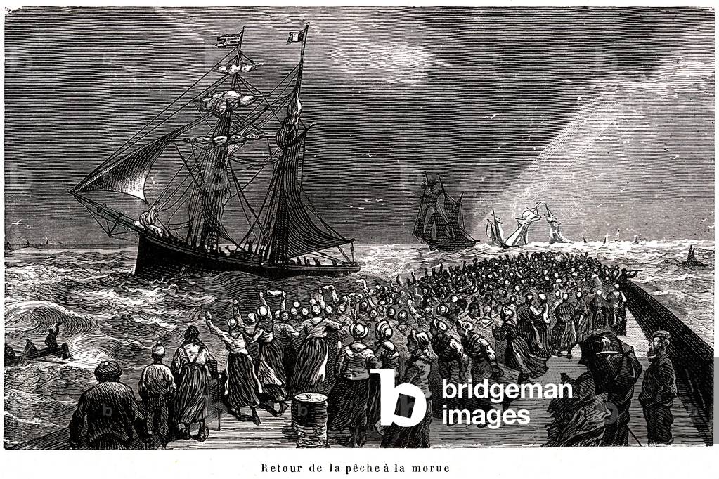 Return of cod fishing in a French port: the women of sailors press on the dock waiting for boats - illustration of the book “” Mores et caracteres des peuples””, edition 1884 -