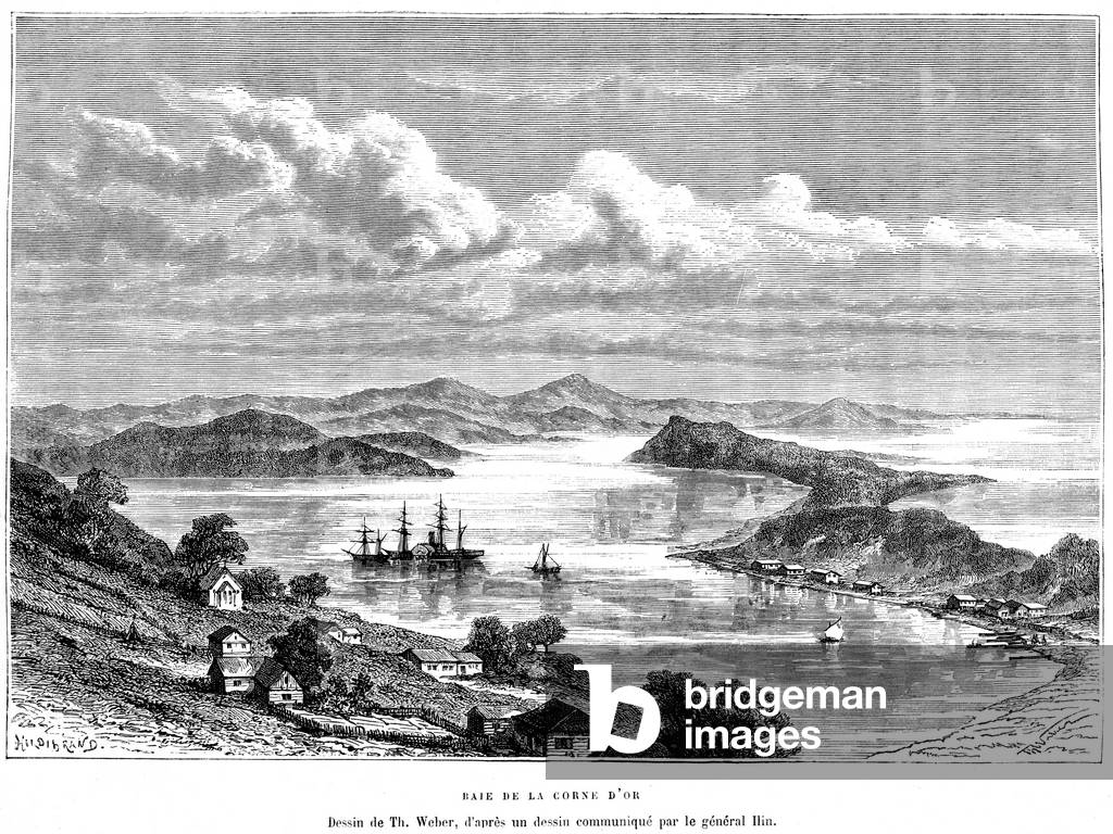 Golden Horn Bay - Drawing by Th.Weber from a drawing communicated by General Ilin in Elysee (Elisee) Reclus (1830-1905), Hachette edition 1881, Volume 6, Russian Asia. The bay is part of the Gulf of Pierre-le-Grand, in the Sea of Japan.