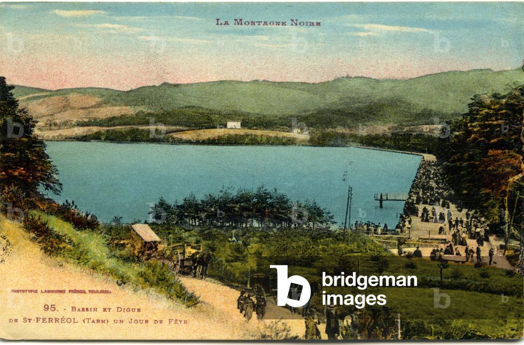 La Montagne Noire - Basin and dam of Saint-Ferreol (Saint Ferreol - St Ferreol - St Ferreol - Tarn - 81): the shores of the lake on a feast day at the beginning of the 20th century - colourful postcard from the period -