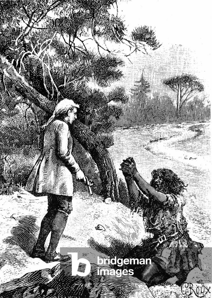 Engraving by George Roux for the Hetzel edition of R-L's novel. Stevenson “The island of treasor, late 19th. On the island, Ben Gunn throws himself at Jim Hawkins's feet.