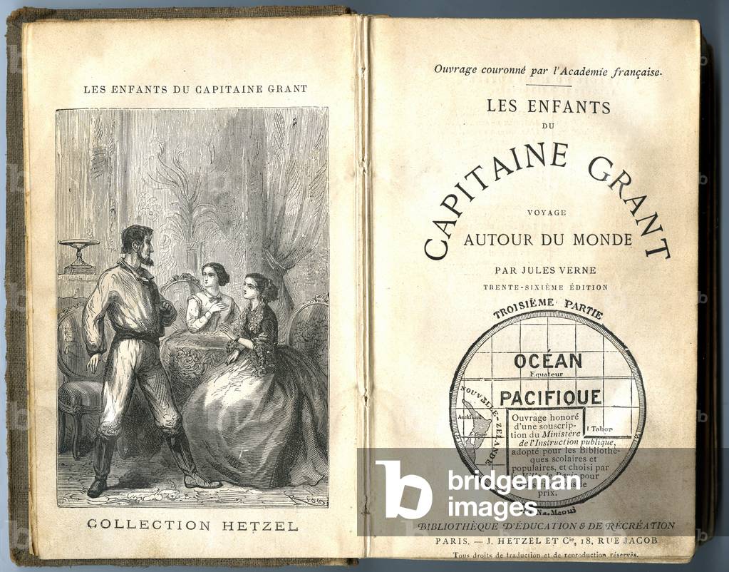 Captain Grant's children, travel around the world of Jules Verne. Edition of the Library of Education and Recreation Hetzel in 3 volumes in 18th, 1867. Illustration of Riou in frontispiece: Lady Helena and Mary Grant speak with Petty Officer Ayrton. A work crown by the Academie Francaise and the Ministry of Public Education, chosen by the City of Paris for the distribution of prizes.