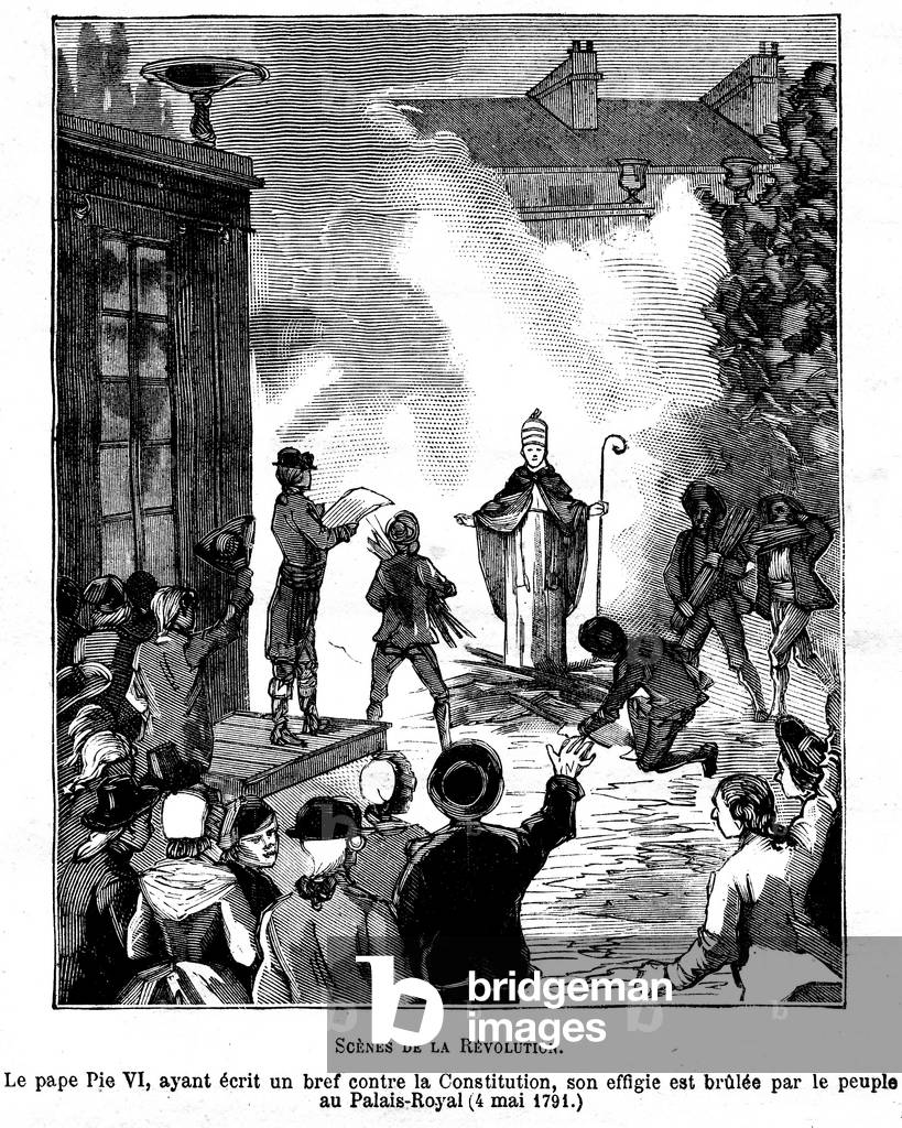 Illustration of the book by Leo Taxil and J. Vindex “Marat ou les heros de la revolution””, Librairie anti-clerical (anti-clerical, anticlerical) 1883 - Revolution Francaise - On May 4, 1791 at the Royal Palace, the people burned the effigy of Pope Pius VI who had written against the Constitution - Engraving by Cardon -