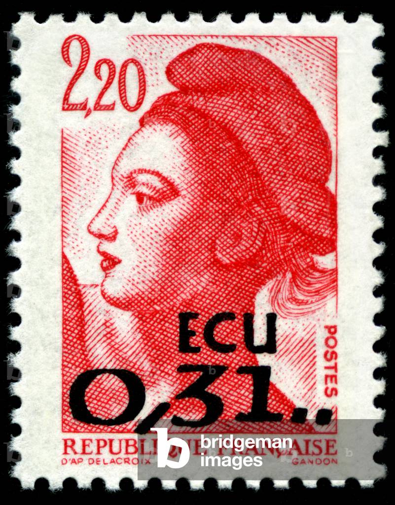 French postal stamp of 1988 has a face value of 2.20 francs with preventive overcharge in ECU (0.31) at the time when the choice of European currency had not yet been made between the ECU and the euro - face of Liberte guiding the people of Delacroix - Europe - philately - post office