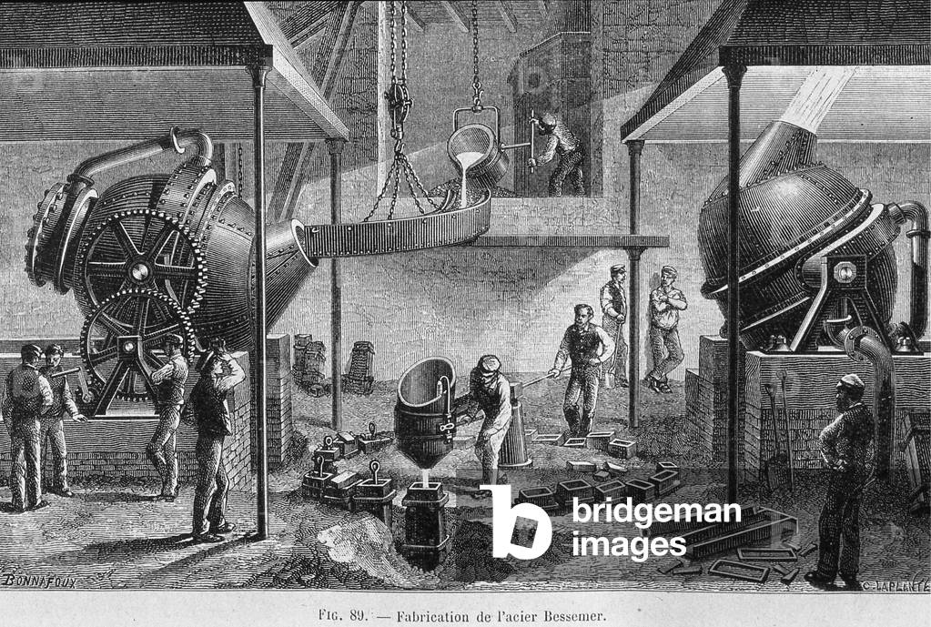 Manufacture of steel, Bessemer process, in converters - engraving of “La France industrielle”” by Bonnafoux, 1880.