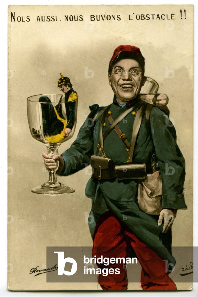 War 1914 - 1918 (14-18): comic postcard “” Revenge””” 1915 (cartoon) showing a French soldier in blue-horizon uniform (blue horizon) holding a large glass containing a German soldier with a tip helmet - We too drink the obstacle!