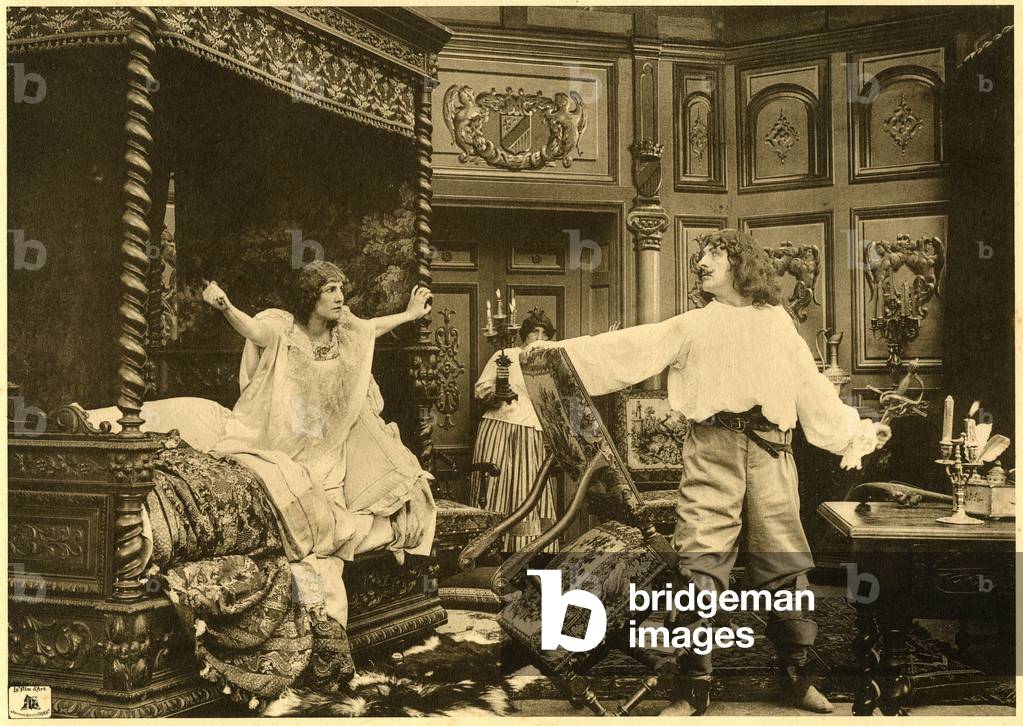 The three Musketeers, a silent film of cape and epee (1912) by Andre Calmettes and Henri Pouctal, based on Alexandre Dumas's novel, produced by the French cinematographer company “” Le Film d'Art”””. D'Artagnan (actor Emile Dehelly) is threatened with a dagger by Milady de Winter (Rolla Norman or Nelly Cormon), for discovering her secret after she seduced it. (