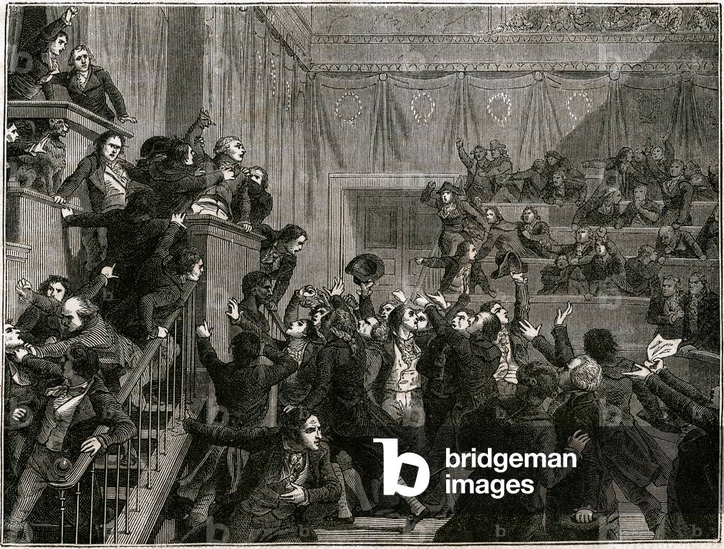 French Revolution: Interpellation of Robespierre on 27 July 1794 (9 Thermidor year II) at the tribune of the Convention - Engravure extracted from the Histoire de France Populaire by Henri Martin (edition Furne et Juvet 19th century) -