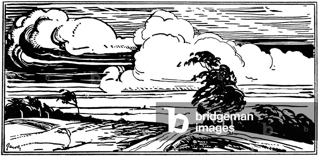 Fresh wind, morning wind, lifting the top of the tall pine trees... Engraving showing wind pushing clouds and shaking trees on a country landscape. Illustration of a school book at the beginning of the 20th century.