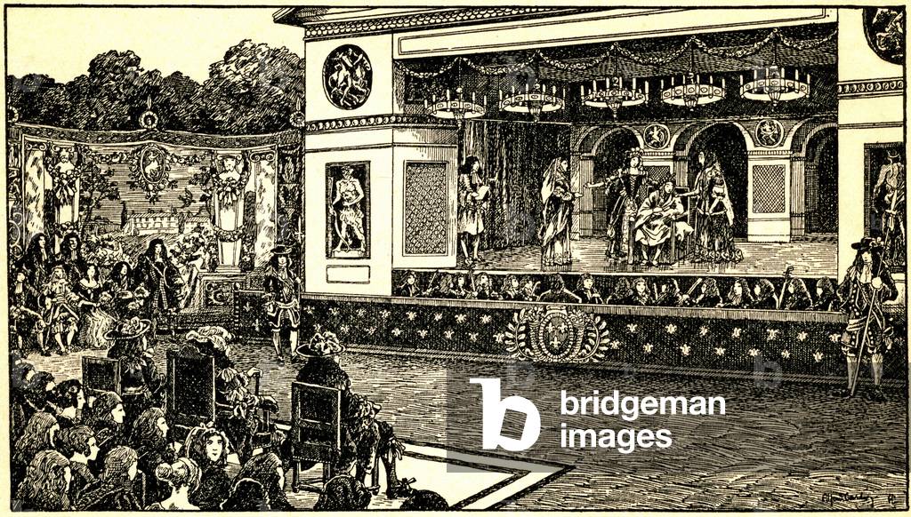 Moliere's theatre group played ” The Imaginary Malad” in the gardens of Versailles, c.1940 (illustration).