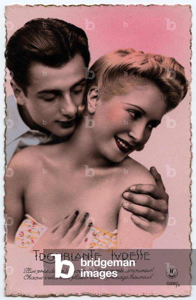 Postcard 1920-1930. Couple of lovers: troubling drunk. Colour black and white photo.