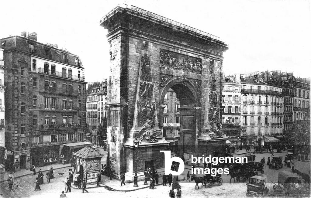 Paris around 1920: Porte Saint Denis. Arc de Triomphe erected in 1671 in memory of the conquests of Louis XIV in Germany. Architect: Blondel.