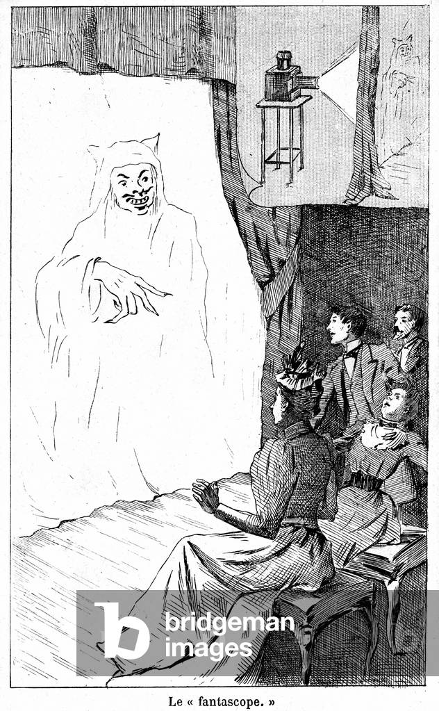 Magical lantern projection in the 19th century. The Fantascope produced by the Belgian aeronautic physicist Etienne Gaspard (Etienne Gaspard) Robert (known as Robertson 1763-1837) in 1784 showed images of spectra and ghosts. Anonymous engraving showing spectators frightened by a horrible appearance on the screen.