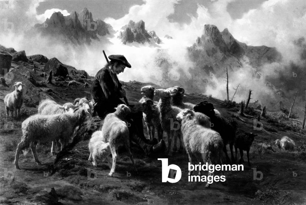 Shepherd of the Pyrenees Mountains and his herd of sheep. Engraving after a painting by Rosa Bonheur, 2nd half 19th century.