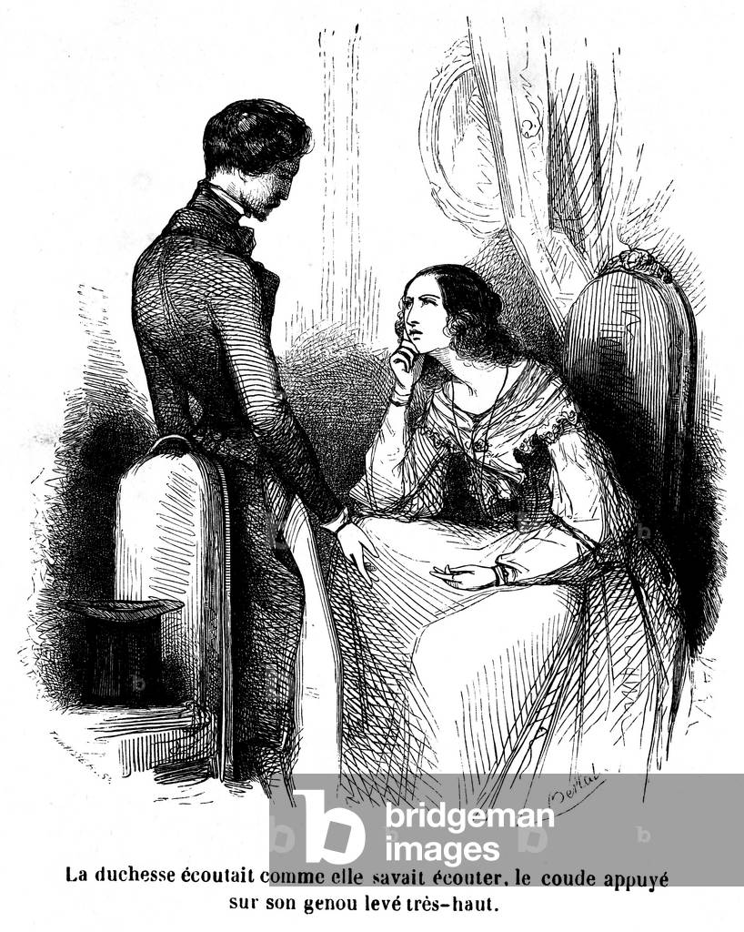The art of description by Honore de Balzac (portrait) - engraving by Bertal in the edition Houssiaux 1853 des Rivalites (Le Cabinet des Antiques), cycle of Scenes of provincial life (La Comedie Humaine - Etude de moreurs) - “” The Duchess listened as she knew how to listen, the elbow leaps on her knee high.”” -