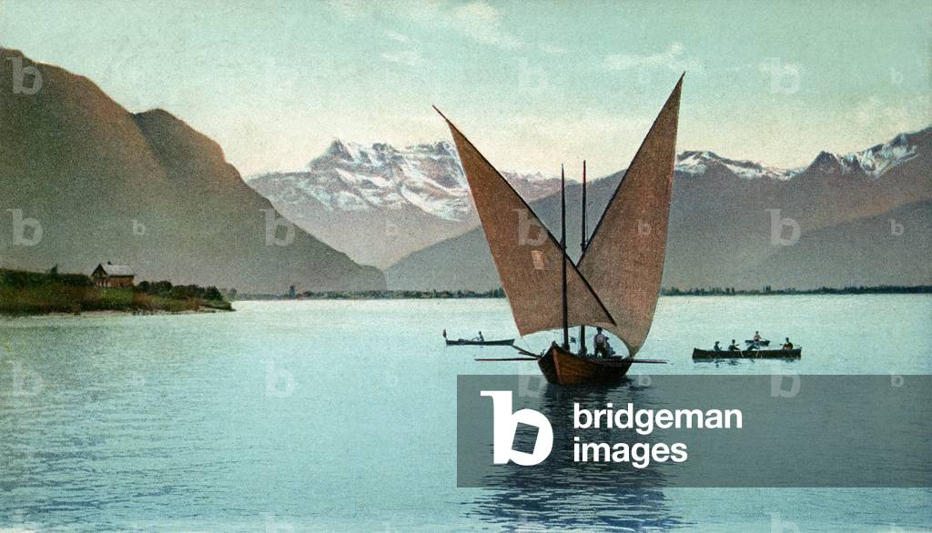 Boats, rowing and sailing boats on Lake Leman (Lake Geneva) at the beginning of the 20th century - Chalet by the water, mountain peaks on the horizon - colourful postcard Julien brothers, photographers and publishers in Geneva -