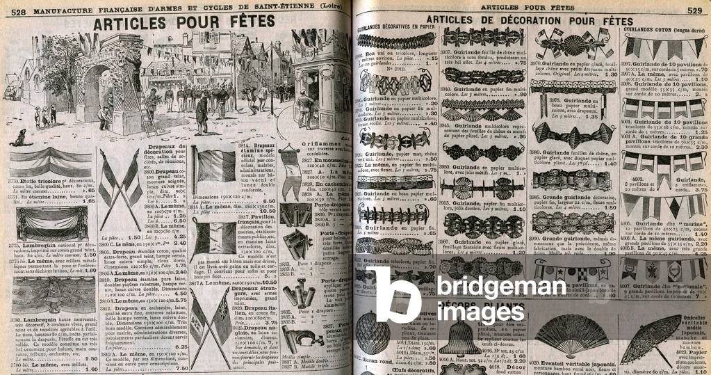 Decoration and animation items for the streets during festivities. Detail of two pages from the catalogue of the manufacture of Saint-Etienne (Saint-Etienne) 1913. Flags, banners, garlands, lanterns and lanterns.