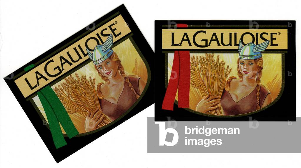 Two labels of Belgian beer La Gauloise, representing a young woman with braids wearing a helmet with wings holding a wreath of barley (cereale, base of malt).