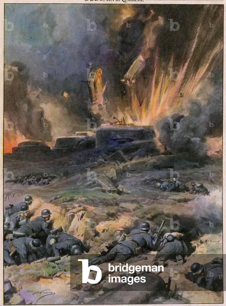 The end of the Maginot line, part of which explodes under the eyes of German soldiers. Last cover of the Domenica del Corriere, illustrated supplement to the Corriere della Sera, 23 June 1940. Drawing by Beltrame.
