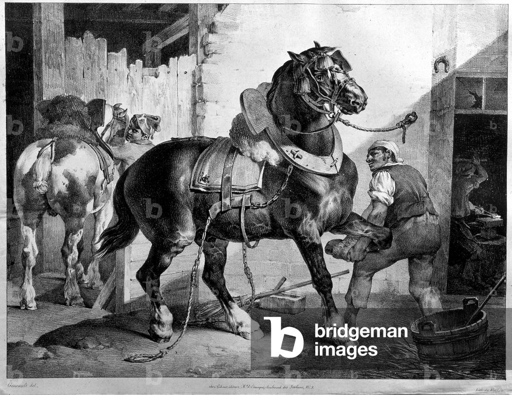 Montaggio di un cavallo da tiro, XIX secolo (litografia)