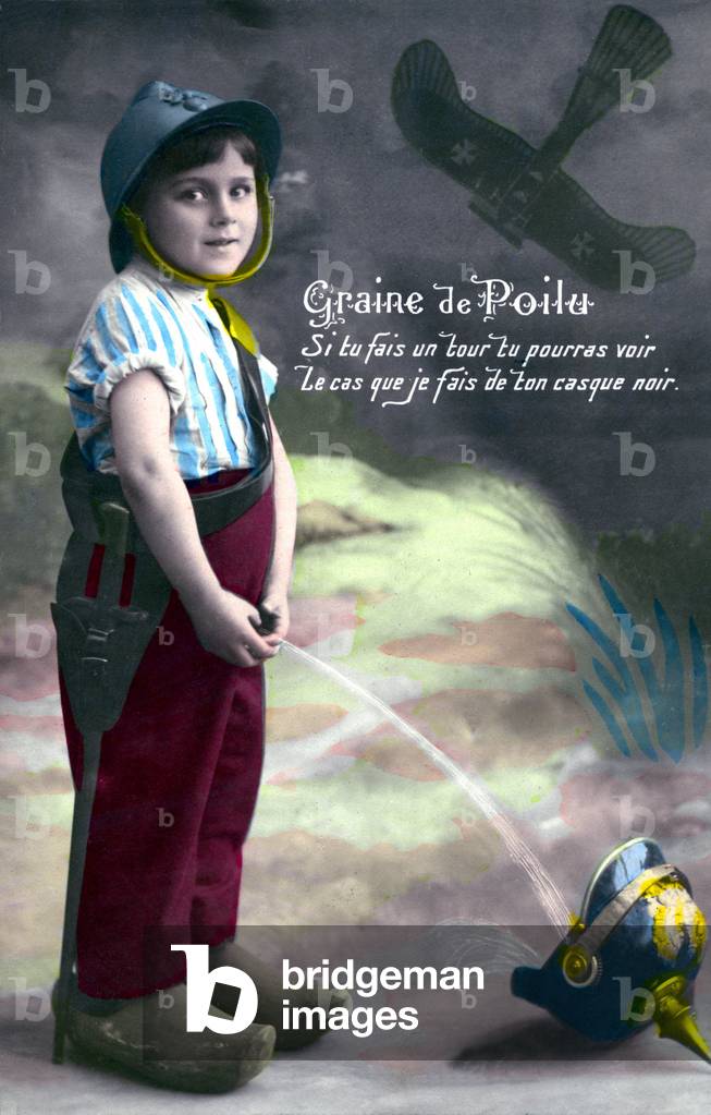 World War I postcard 1914-1918 (14-18): A young child urinating in a German spiked helmet