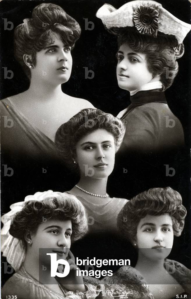 Postcard early 20th century: mosaic of faces of 5 young women by photographer Reutlinger (oranotyping) - different types of hairstyles from the beginning of the century