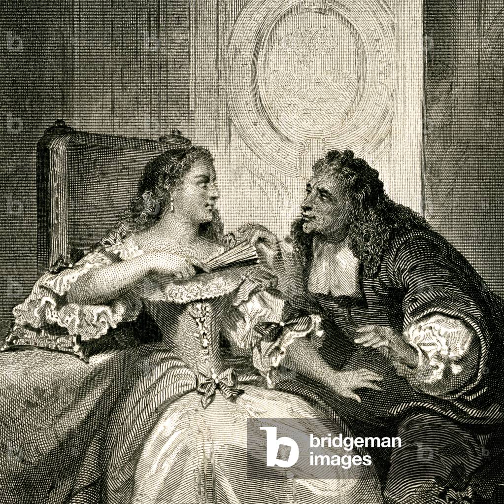 The Tartuffe (Tartufe) or the Imposteur: theatre piece by Moliere. Detail of an illustration by Pierre-Gustave (Pierre Gustave) Staal (1817-1882): Tartuffe, the false devot, courtise Elmire. See same scene by Moreau Le Jeune: GUT3930.