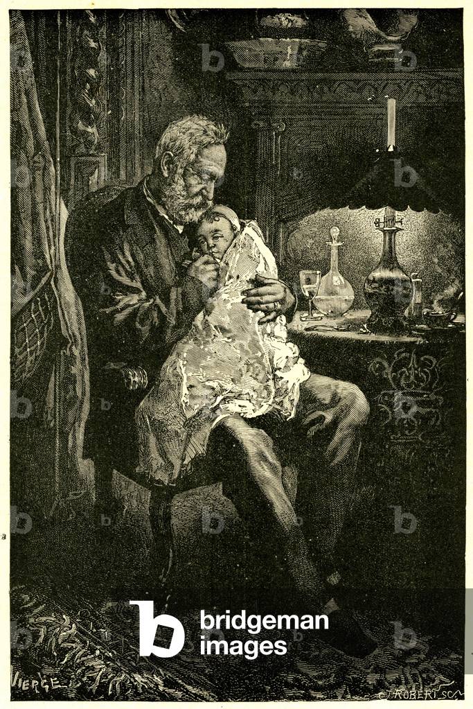 Victor Hugo consoling his granddaughter Jeanne. The writer described his love for his grandchildren at length in “The terrible year” and “The art of being a grandfather”. Illustration by Daniel Virge (alias Daniel Urrabieta Ortiz y Virgo, 1851-1904).