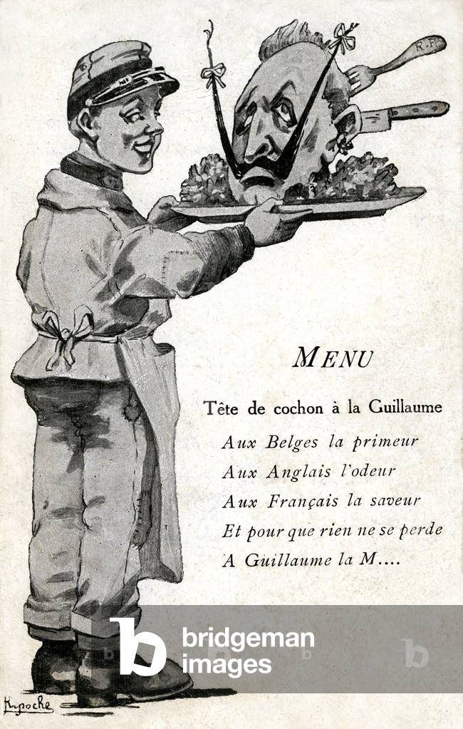 First World War 1914-1918 (14-18) - postcard of 1914: Menu, pig's head to the Guillaume - Caricature by Ripoche of German Emperor William II (1859-1941) - a military waiter (soldier with an apron) brings to the allies the head of the Kaiser, a head of a pig bearing the famous mustaches raised - to the Belgians the first, at the English the smell, to the French the flavor and so that nothing is lost, has Guillaume la M... (crap) -