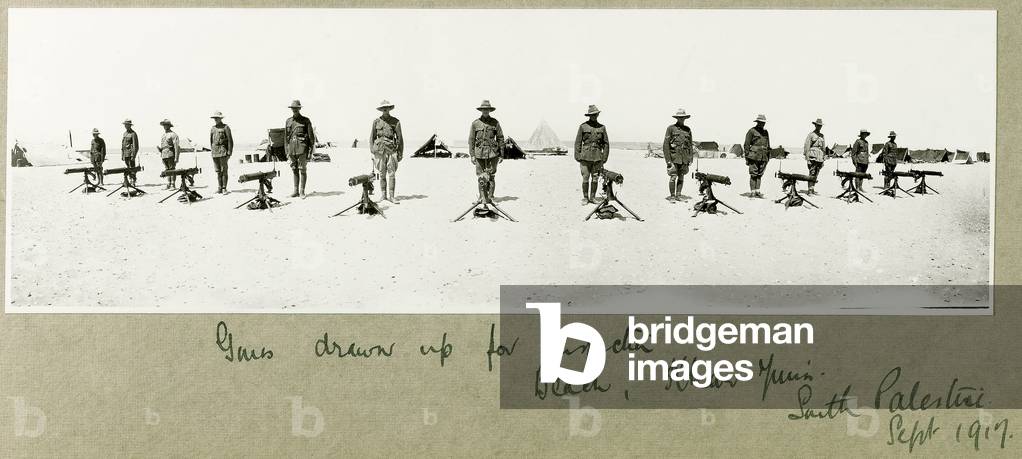 Guns drawn up for inspection on the beach, Khan Yunis, September 1917 (b/w photo)