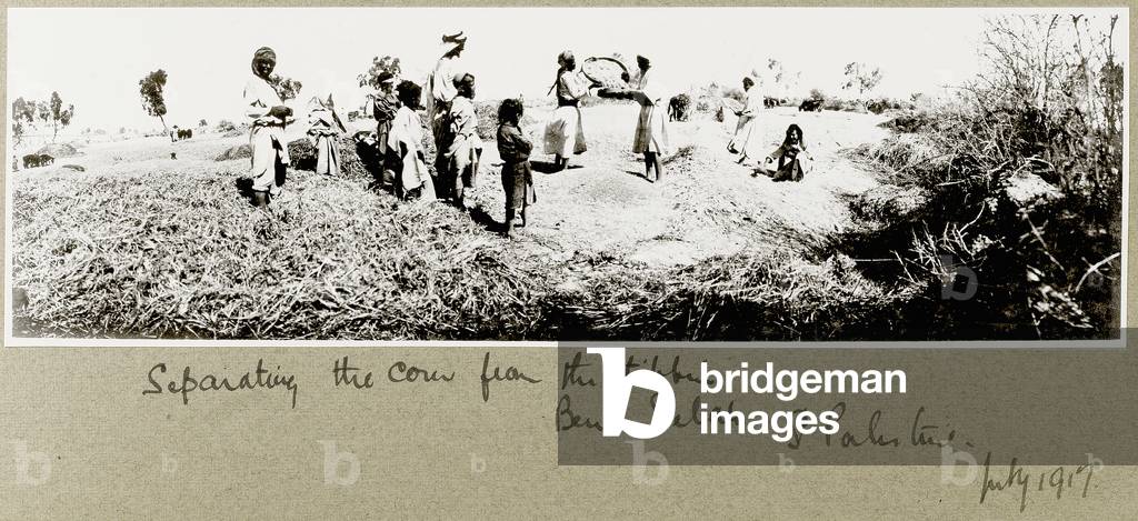 Bedouins separating corn, Beni Saleh, July 1917 (b/w photo)