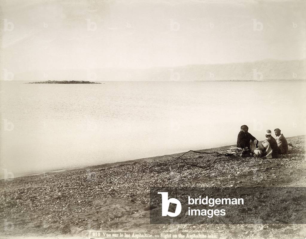 The north end of the Dead Sea with the island of Rujm el Bahr, c.1867-96 (b/w photo)