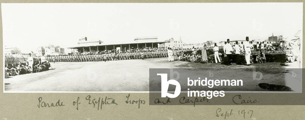Parade of Egyptian troops and carpets, Cairo, September 1917 (b/w photo)