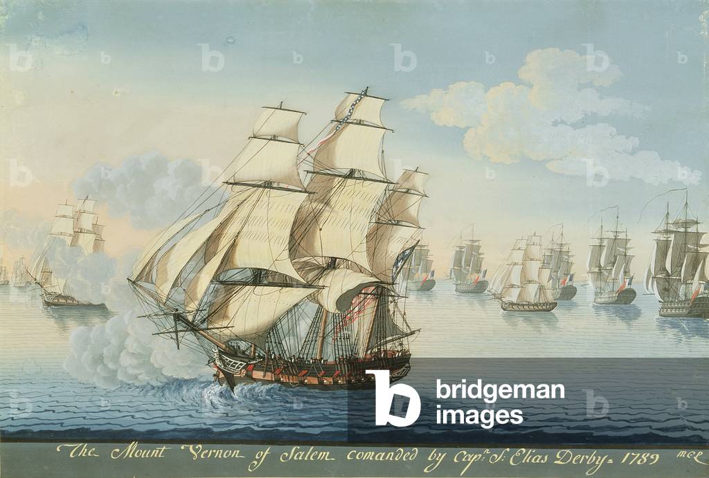 Immagine di Disegno "Nave Monte Vernon di Salem sottrunning una flotta francese (w/c su carta)", 18th Secolo d