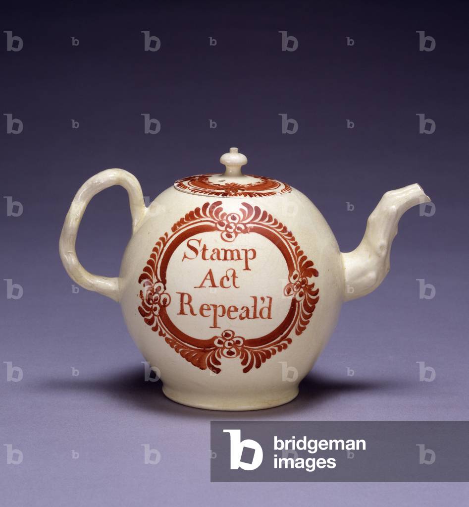 Teapot 'Stamp Act Repeal'd', Cockhill Pit Factory, 1766 (lead-glazed earthenware)