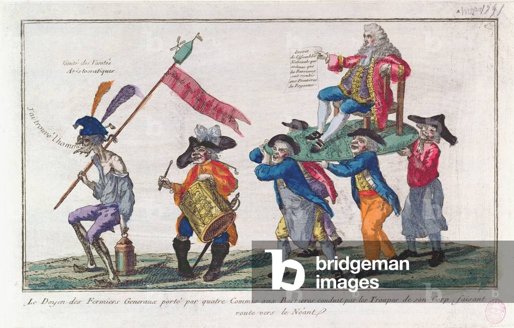Image of Engraving depicting The Doyen of the Fermiers Generaux is carried by his guards towards Nothingness, 
