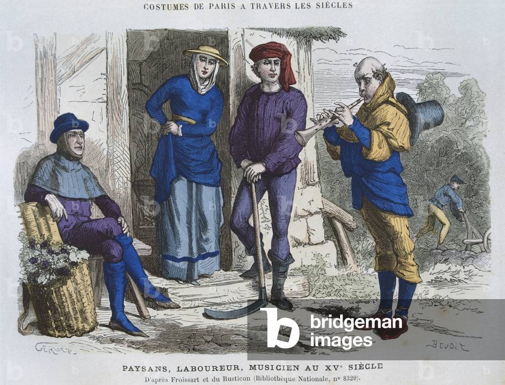 Peasant, labourer, musician in the Fifteenth Century, after 'Chroniques' by Froissard, from 'Costumes de Paris a Travers les Siecles' ed. Roy, published 1887 (coloured engraving)