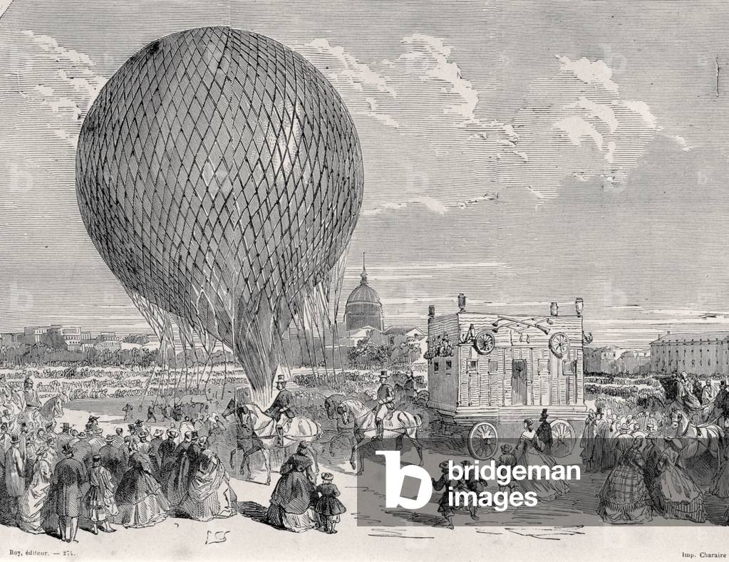 Nadar's balloon, 'Le Géant' being prepared at the Champ de Mars, Paris for its first flight on 4 October, 1863, illustration from 'Paris a Travers Les Siecles': Tome 5, 1889 (engraving)