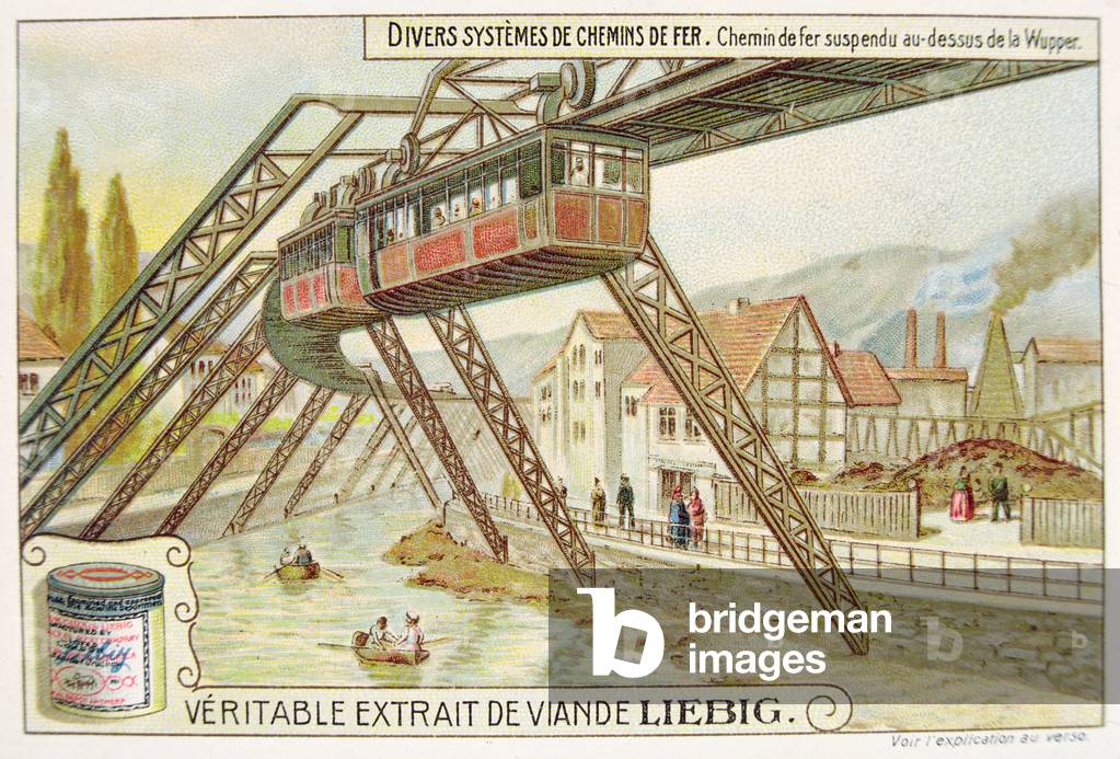 Hanging train on the Wupper river, promotional advertising card for 'Veritable Extrait de Viande Liebig' (colour litho)