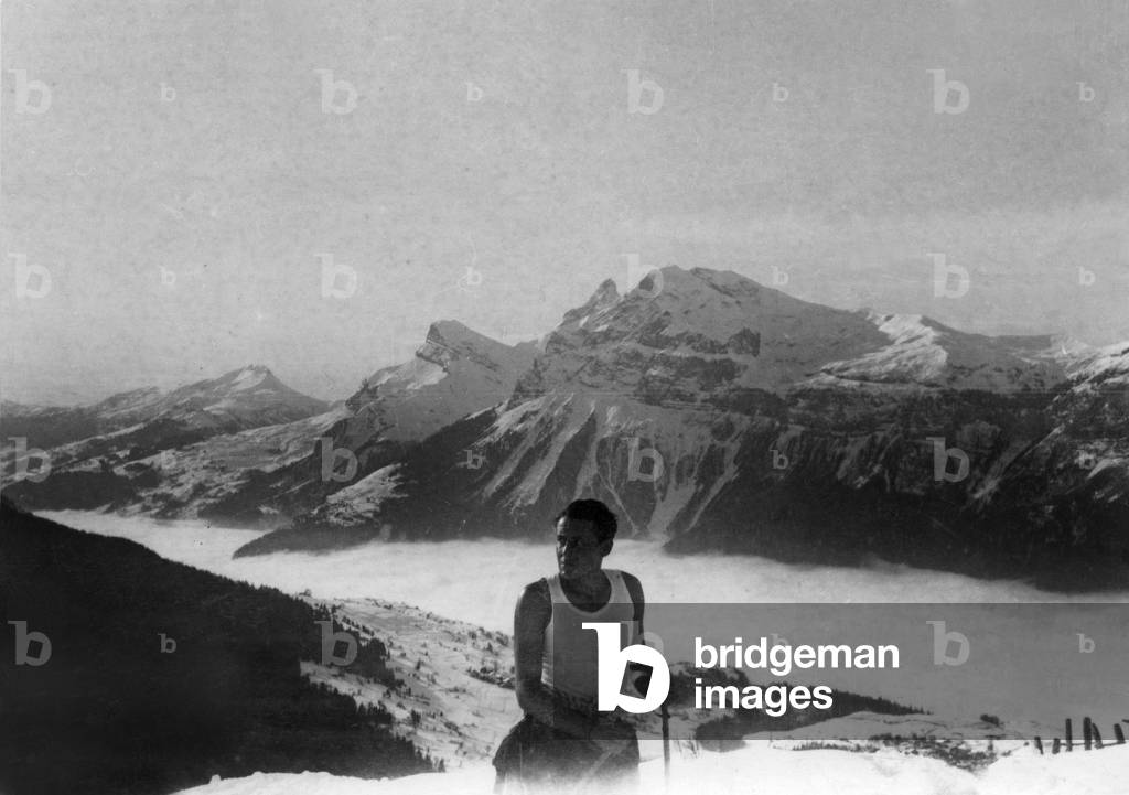 Paul-Emile Victor (1907-1995) french explorer and ethnologist, here in Croix-des-Sept-Freres, Haute-Savoie, France, december, 1932 (b/w photo)