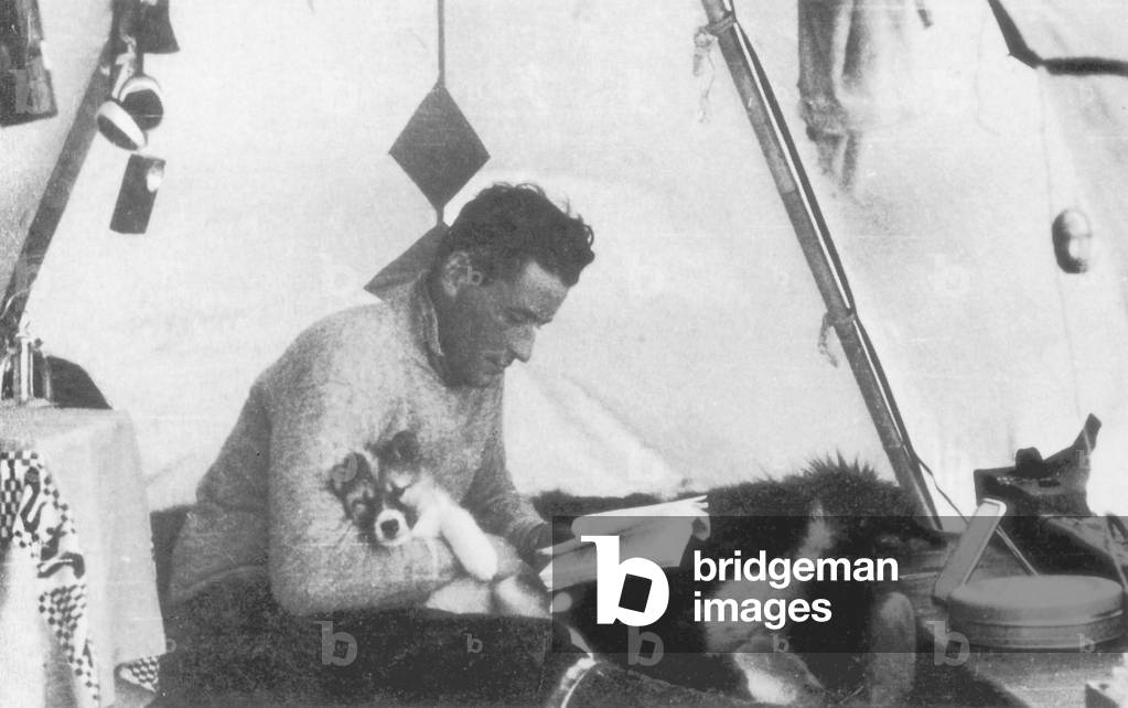 During the construction of the family common home, Paul-Emile Victor lived in a tent. Here he reads, a puppy in arms, Kangerlugsuatsiak, Greenland, August 1936 (b/w photo)