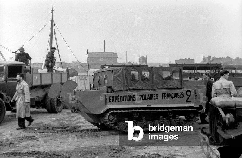Departure for Greenland of Expeditions Polaires Francaises (French Polar Expeditions), Rouen, May, 1948: one of the Weasel (b/w photo)